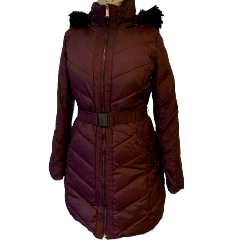 DKNY Plum Down Puffer Faux Fur Jacket Coat - Picture 2 of 13